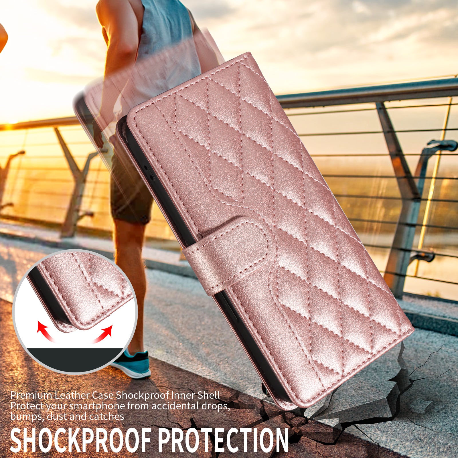 For Xiaomi 17 Pro Max Wallet Case Rhombus Leather Phone Cover with Strap -  Rose Gold