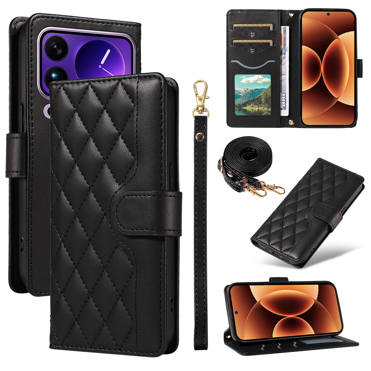 For Xiaomi 17 Pro Max Wallet Case Rhombus Leather Phone Cover with Strap - Black
