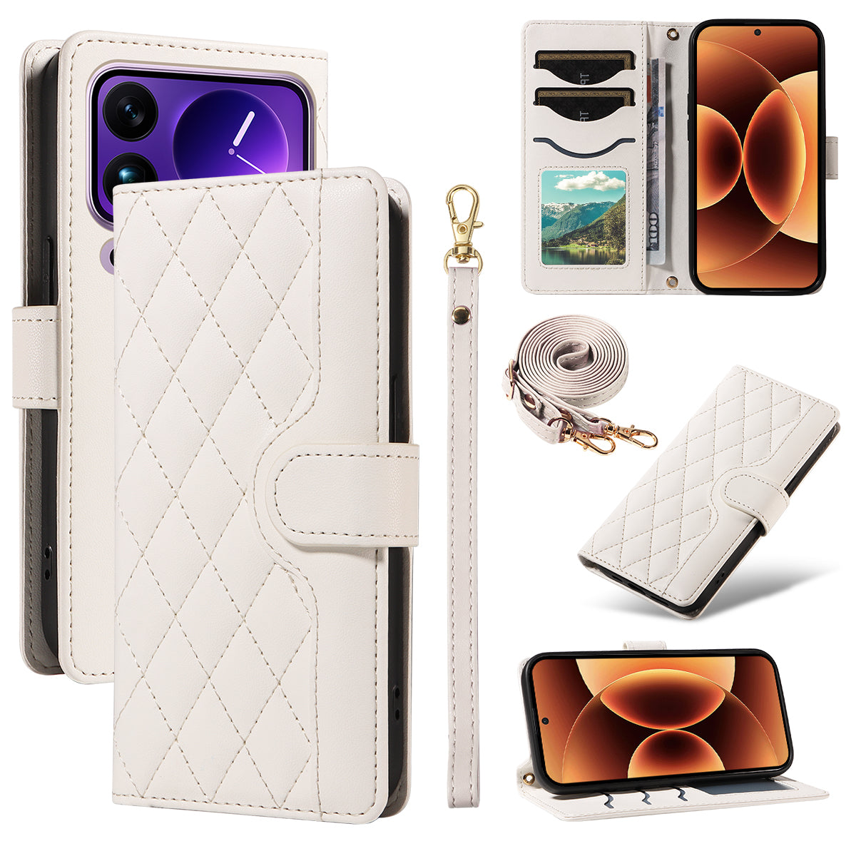 For Xiaomi 17 Pro Max Wallet Case Rhombus Leather Phone Cover with Strap - White