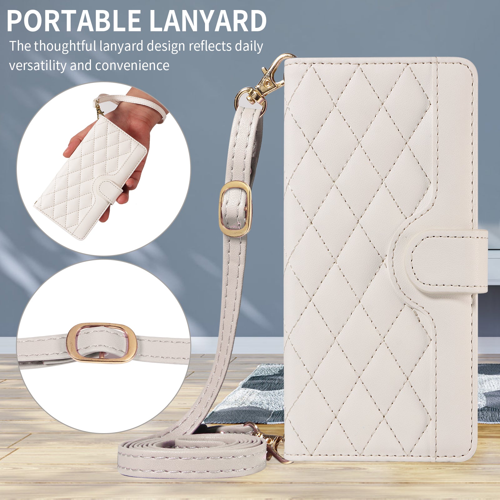 For Xiaomi 17 Pro Max Wallet Case Rhombus Leather Phone Cover with Strap - White