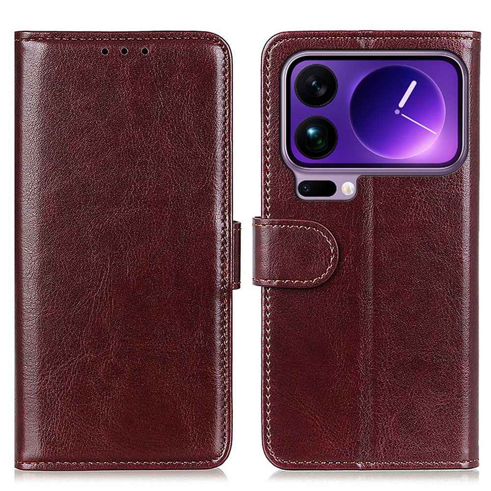 For Xiaomi 17 Pro Case Crazy Horse Texture PU Leather Phone Stand Cover - Brown