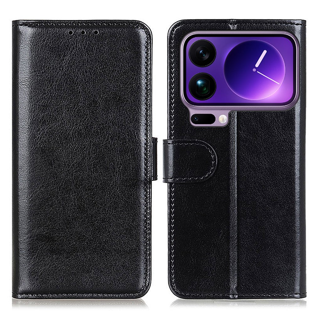 For Xiaomi 17 Pro Max Case Crazy Horse Texture PU Leather Phone Stand Cover - Black