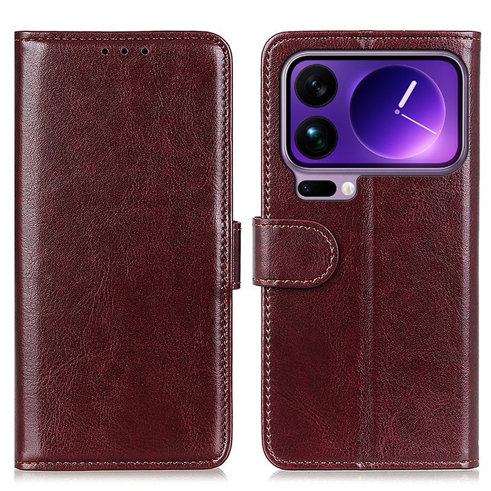 For Xiaomi 17 Pro Max Case Crazy Horse Texture PU Leather Phone Stand Cover - Brown