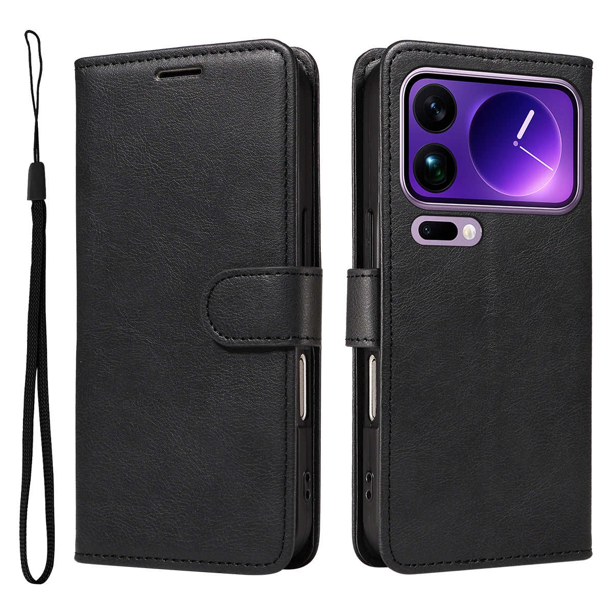 For Xiaomi 17 Pro Max Leather Wallet Case with Strap Solid Color Phone Stand Cover - Black