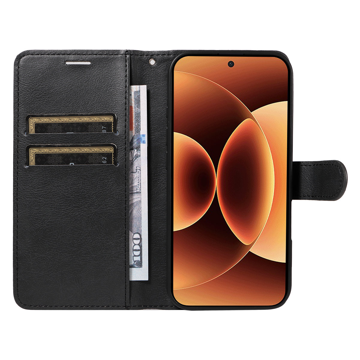 For Xiaomi 17 Pro Max Leather Wallet Case with Strap Solid Color Phone Stand Cover - Black
