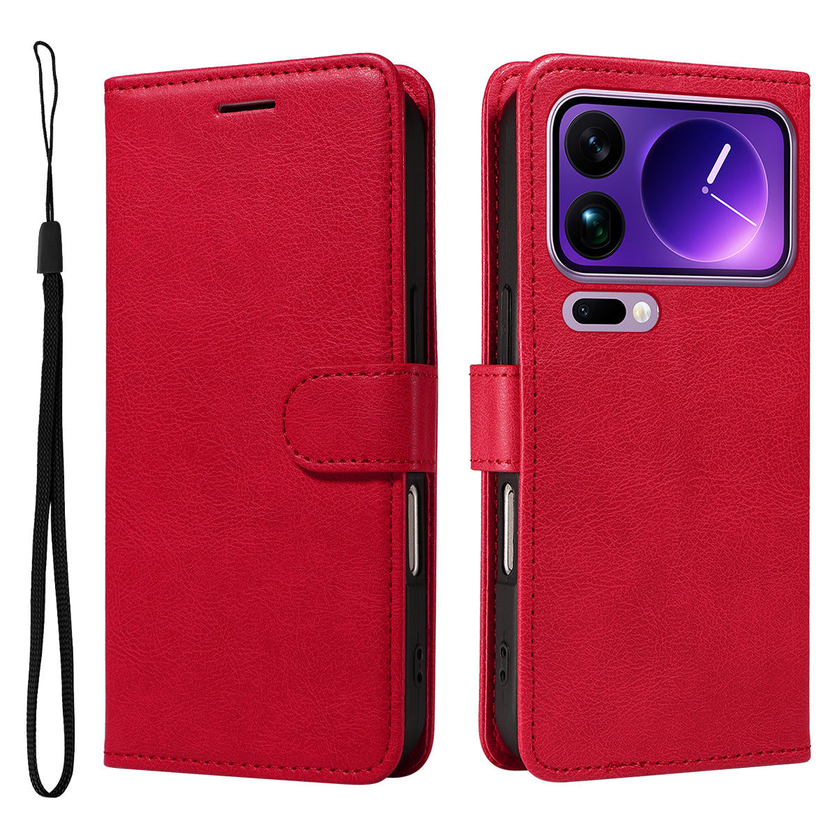 For Xiaomi 17 Pro Max Leather Wallet Case with Strap Solid Color Phone Stand Cover - Red