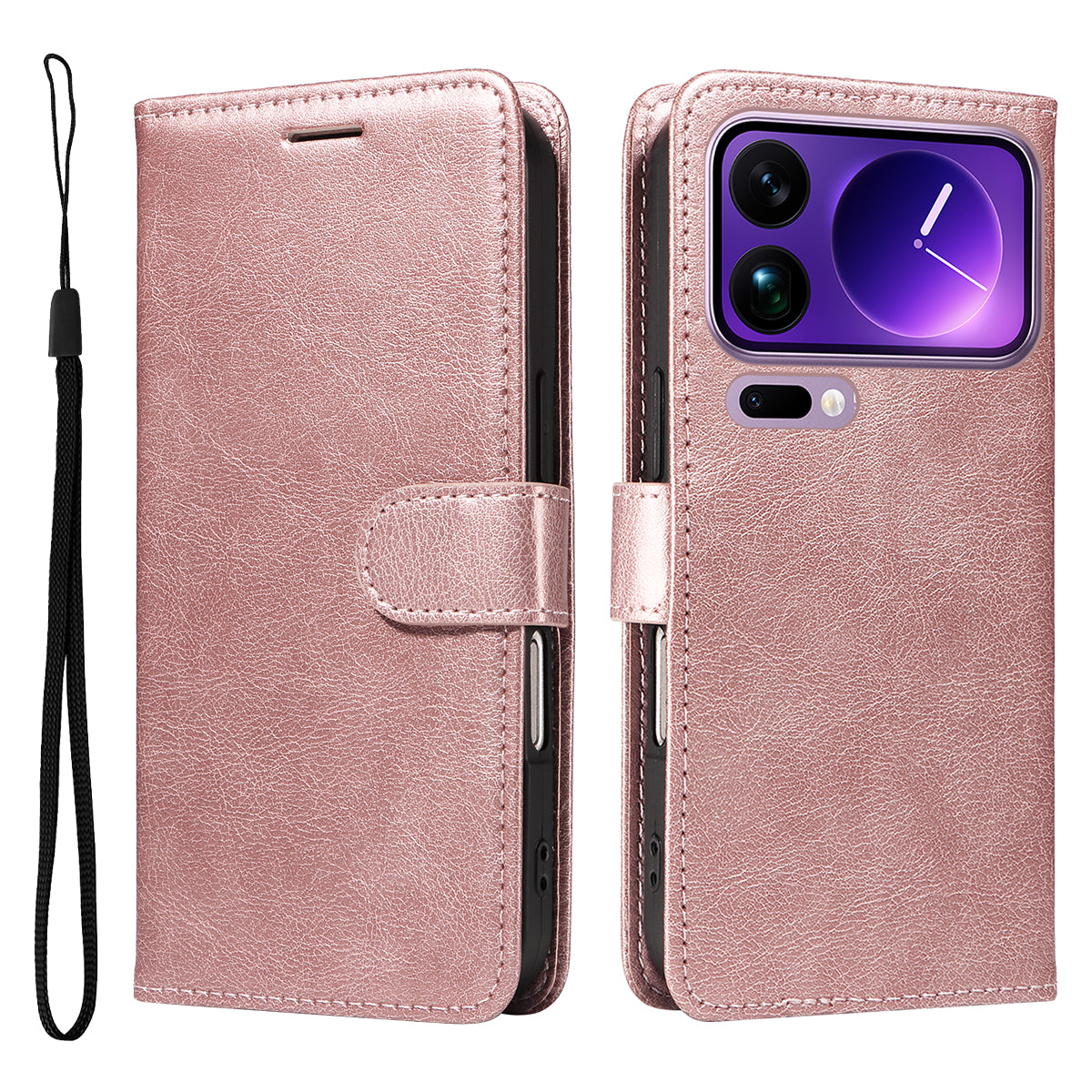 For Xiaomi 17 Pro Max Leather Wallet Case with Strap Solid Color Phone Stand Cover - Rose Gold