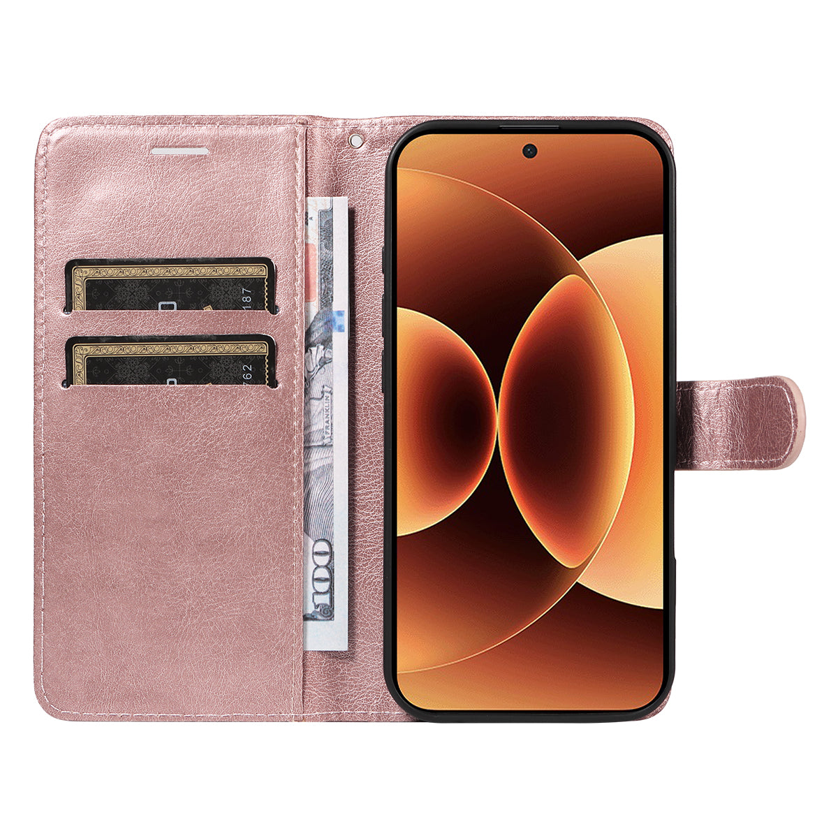 For Xiaomi 17 Pro Max Leather Wallet Case with Strap Solid Color Phone Stand Cover - Rose Gold