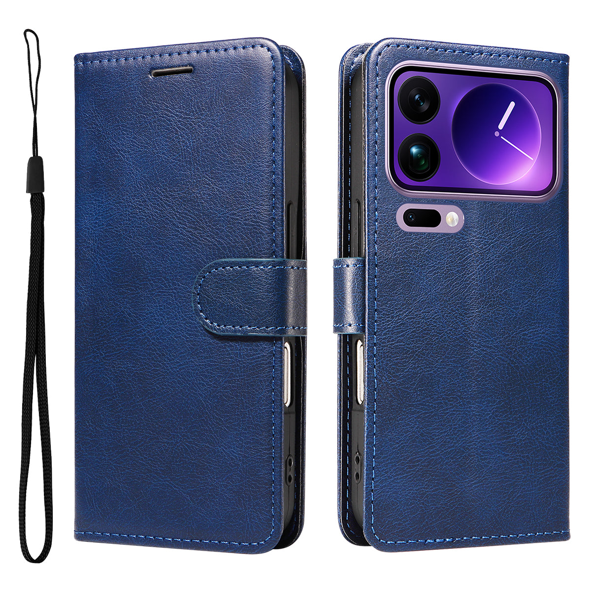 For Xiaomi 17 Pro Max Leather Wallet Case with Strap Solid Color Phone Stand Cover - Blue