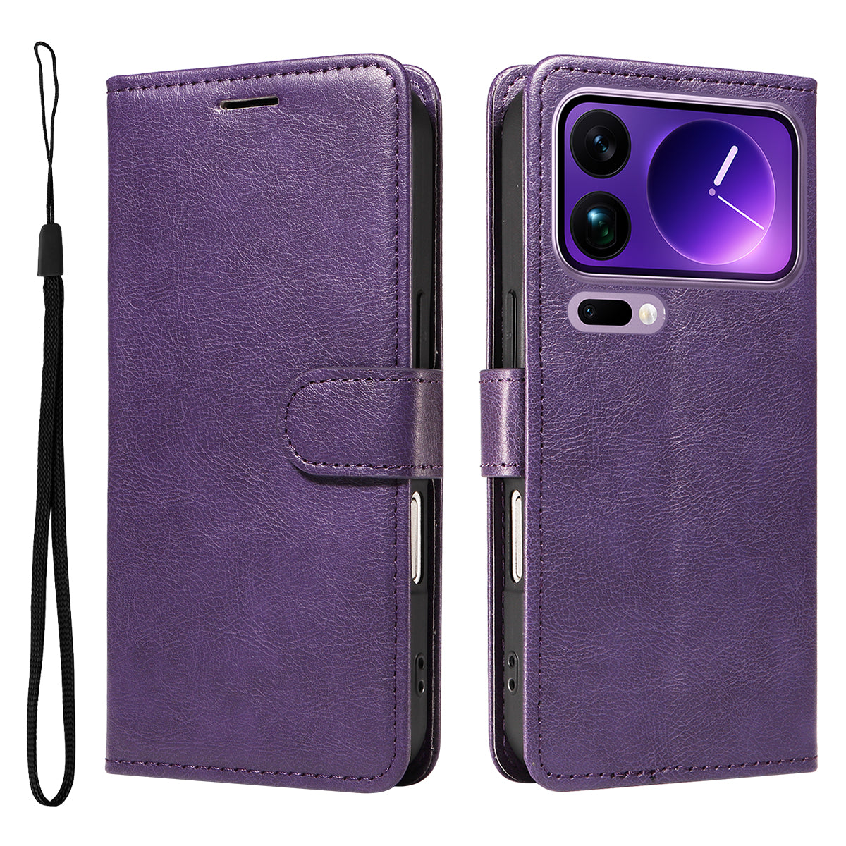 For Xiaomi 17 Pro Max Leather Wallet Case with Strap Solid Color Phone Stand Cover - Purple