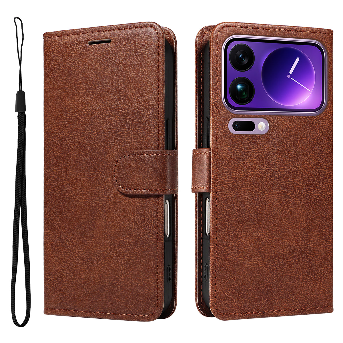 For Xiaomi 17 Pro Max Leather Wallet Case with Strap Solid Color Phone Stand Cover - Brown
