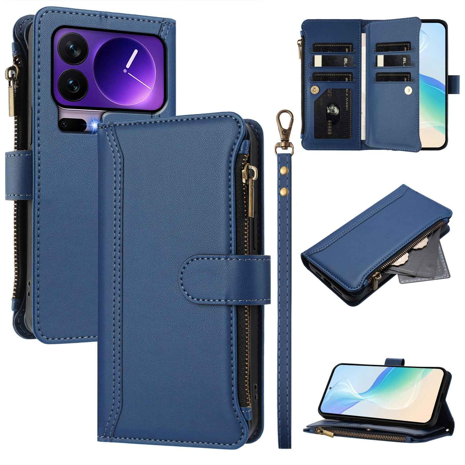 For Xiaomi 17 Pro Leather Case 9 Card Slots Zipper Wallet Stand Phone Cover with Wrist Strap - Dark Blue