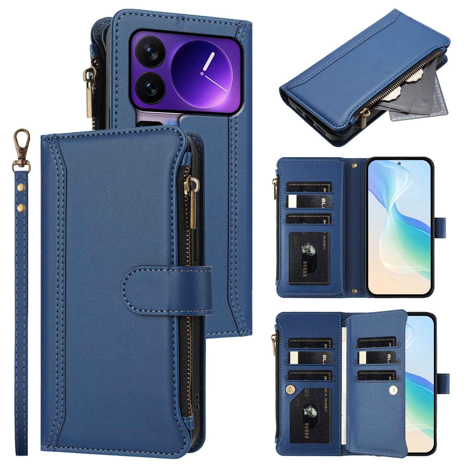 For Xiaomi 17 Pro Leather Case 9 Card Slots Zipper Wallet Stand Phone Cover with Wrist Strap - Dark Blue