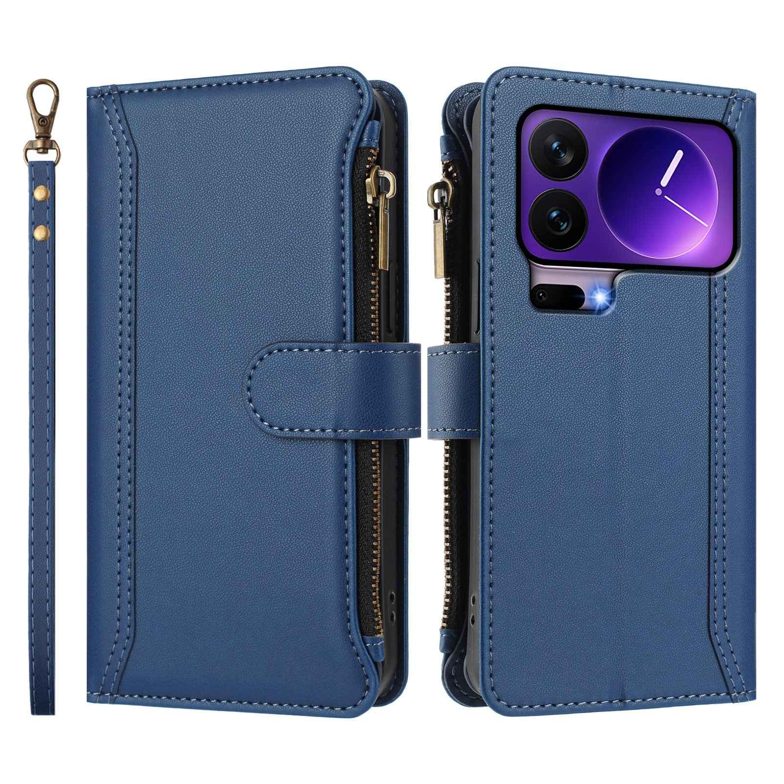 For Xiaomi 17 Pro Leather Case 9 Card Slots Zipper Wallet Stand Phone Cover with Wrist Strap - Dark Blue