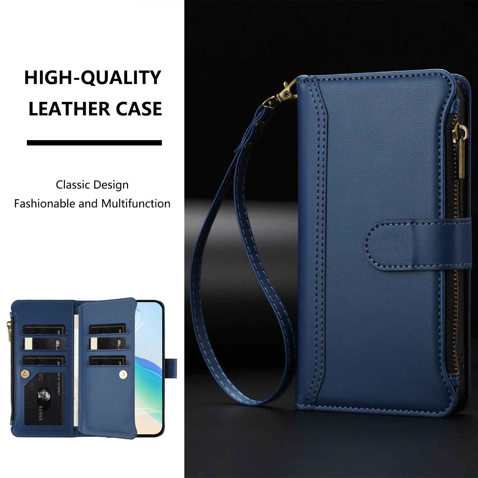 For Xiaomi 17 Pro Leather Case 9 Card Slots Zipper Wallet Stand Phone Cover with Wrist Strap - Dark Blue