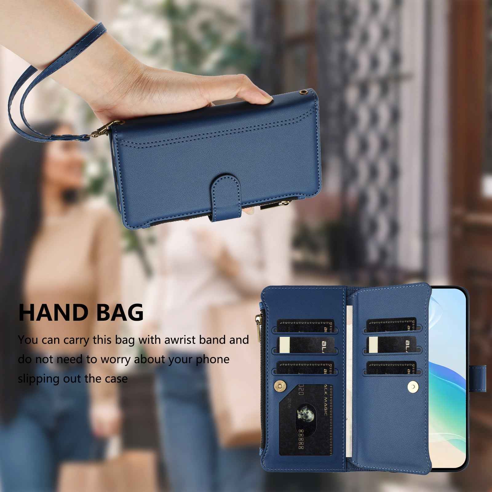 For Xiaomi 17 Pro Leather Case 9 Card Slots Zipper Wallet Stand Phone Cover with Wrist Strap - Dark Blue