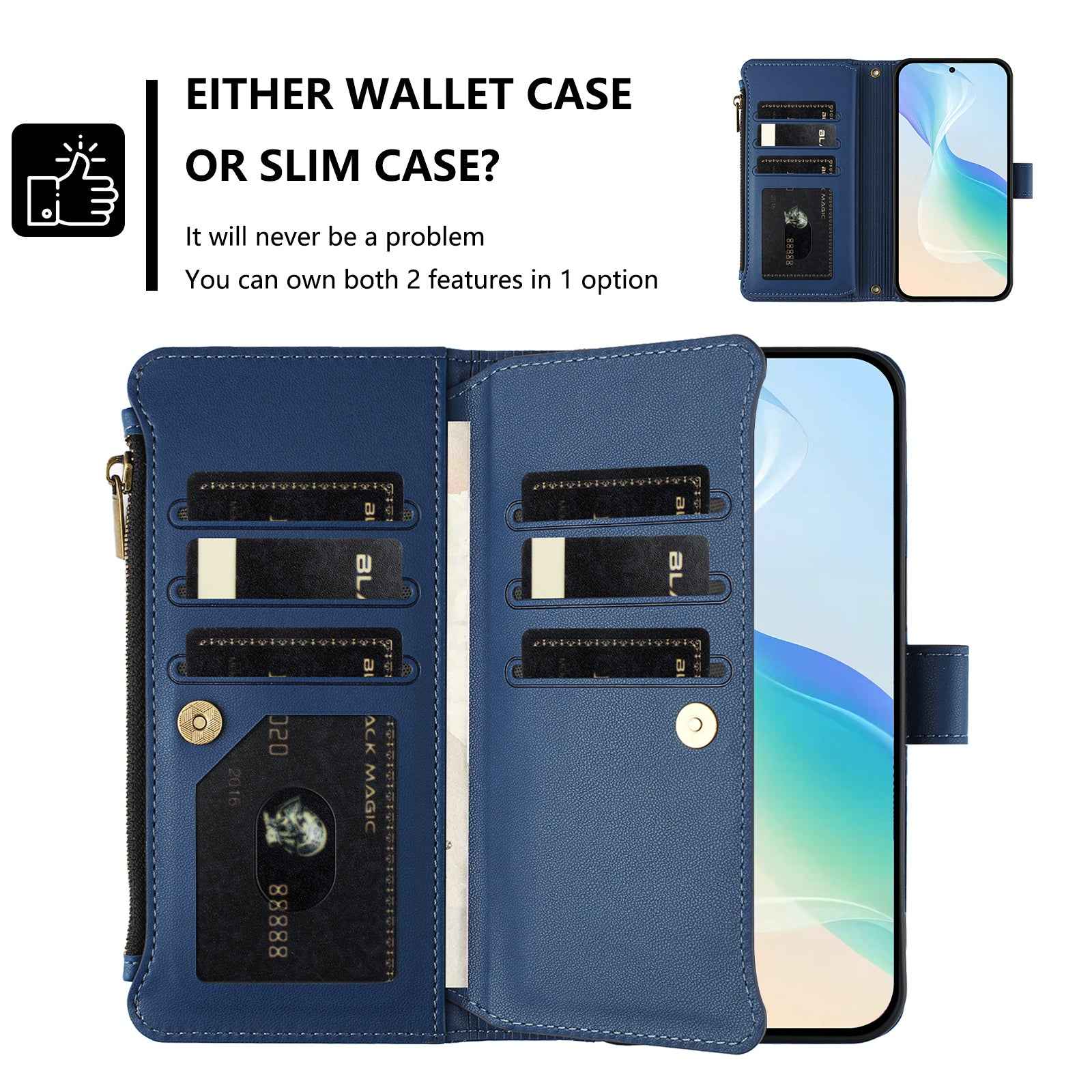 For Xiaomi 17 Pro Leather Case 9 Card Slots Zipper Wallet Stand Phone Cover with Wrist Strap - Dark Blue