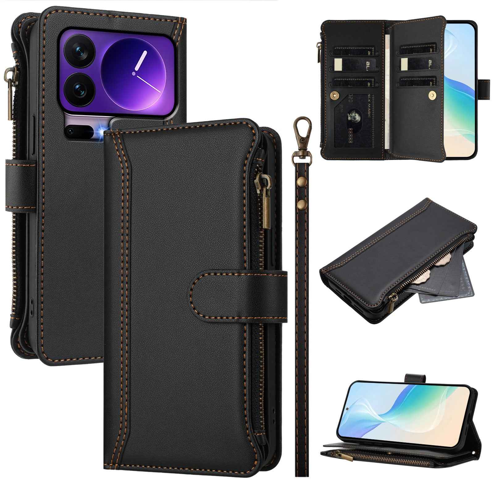 For Xiaomi 17 Pro Leather Case 9 Card Slots Zipper Wallet Stand Phone Cover with Wrist Strap - Black