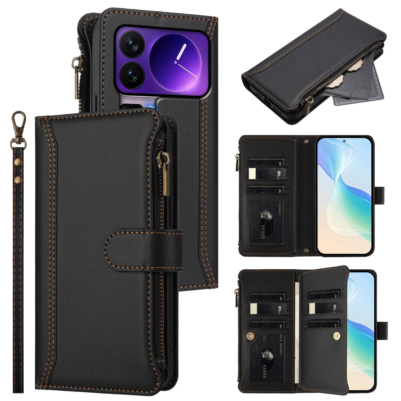 For Xiaomi 17 Pro Leather Case 9 Card Slots Zipper Wallet Stand Phone Cover with Wrist Strap - Black