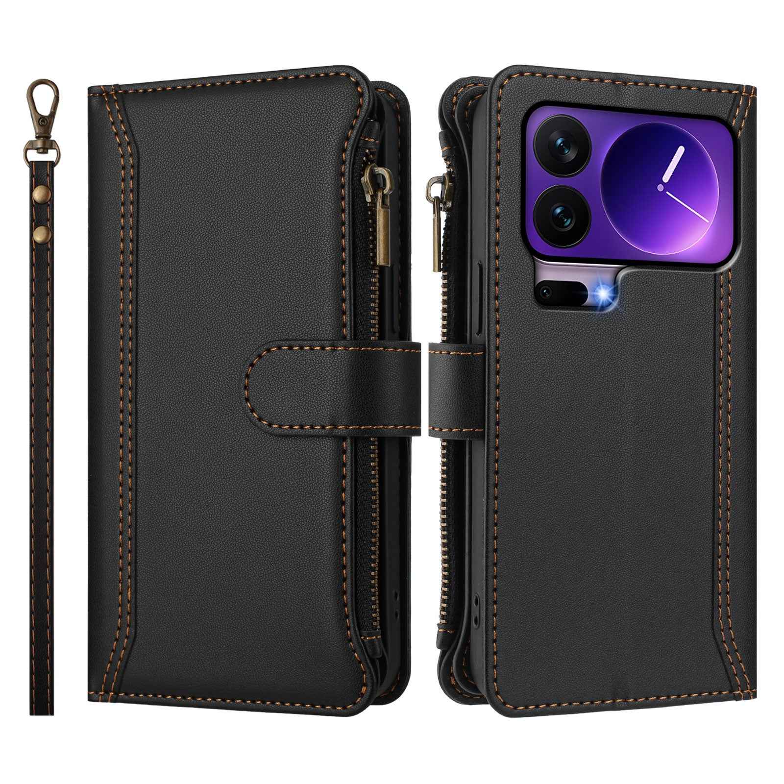 For Xiaomi 17 Pro Leather Case 9 Card Slots Zipper Wallet Stand Phone Cover with Wrist Strap - Black