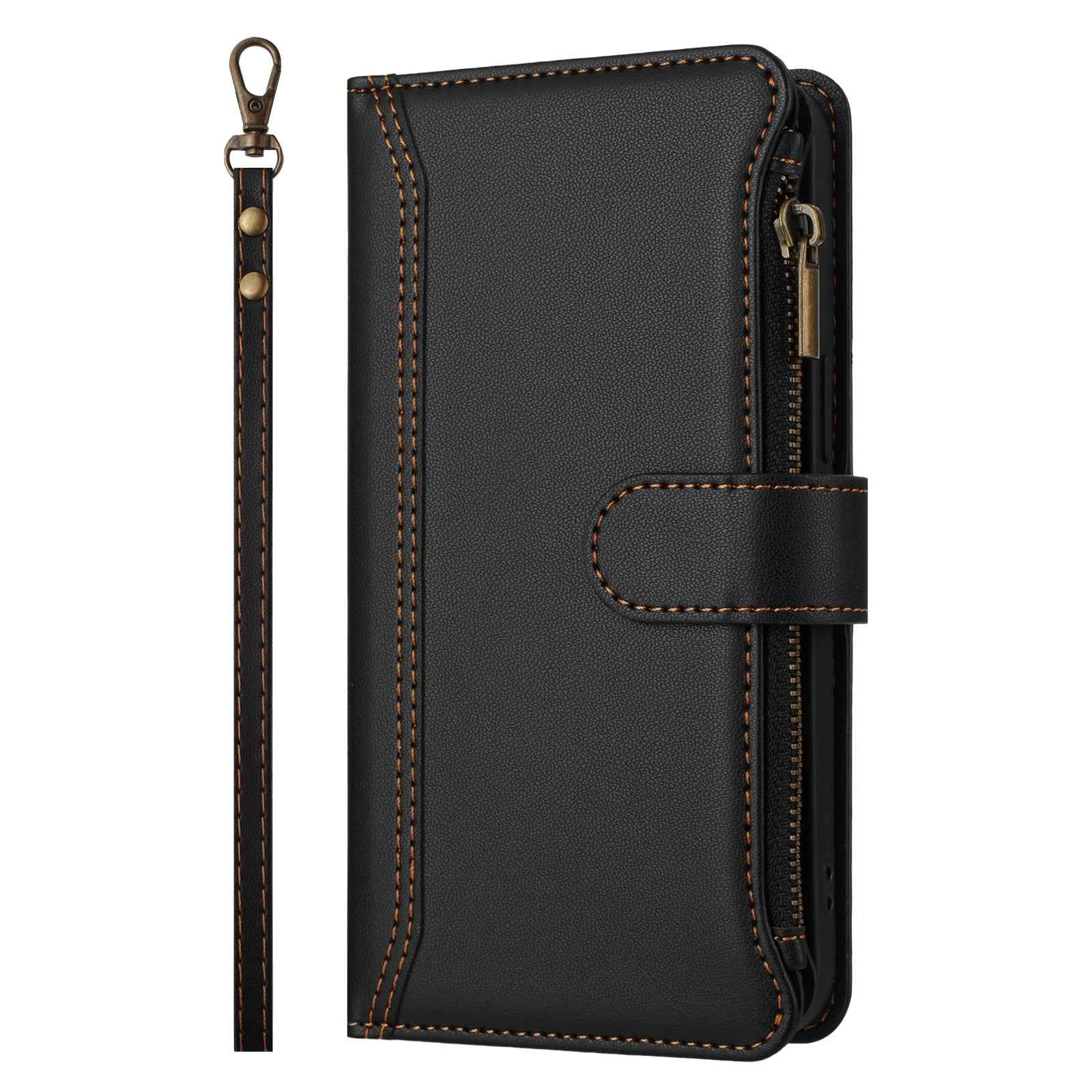 For Xiaomi 17 Pro Leather Case 9 Card Slots Zipper Wallet Stand Phone Cover with Wrist Strap - Black