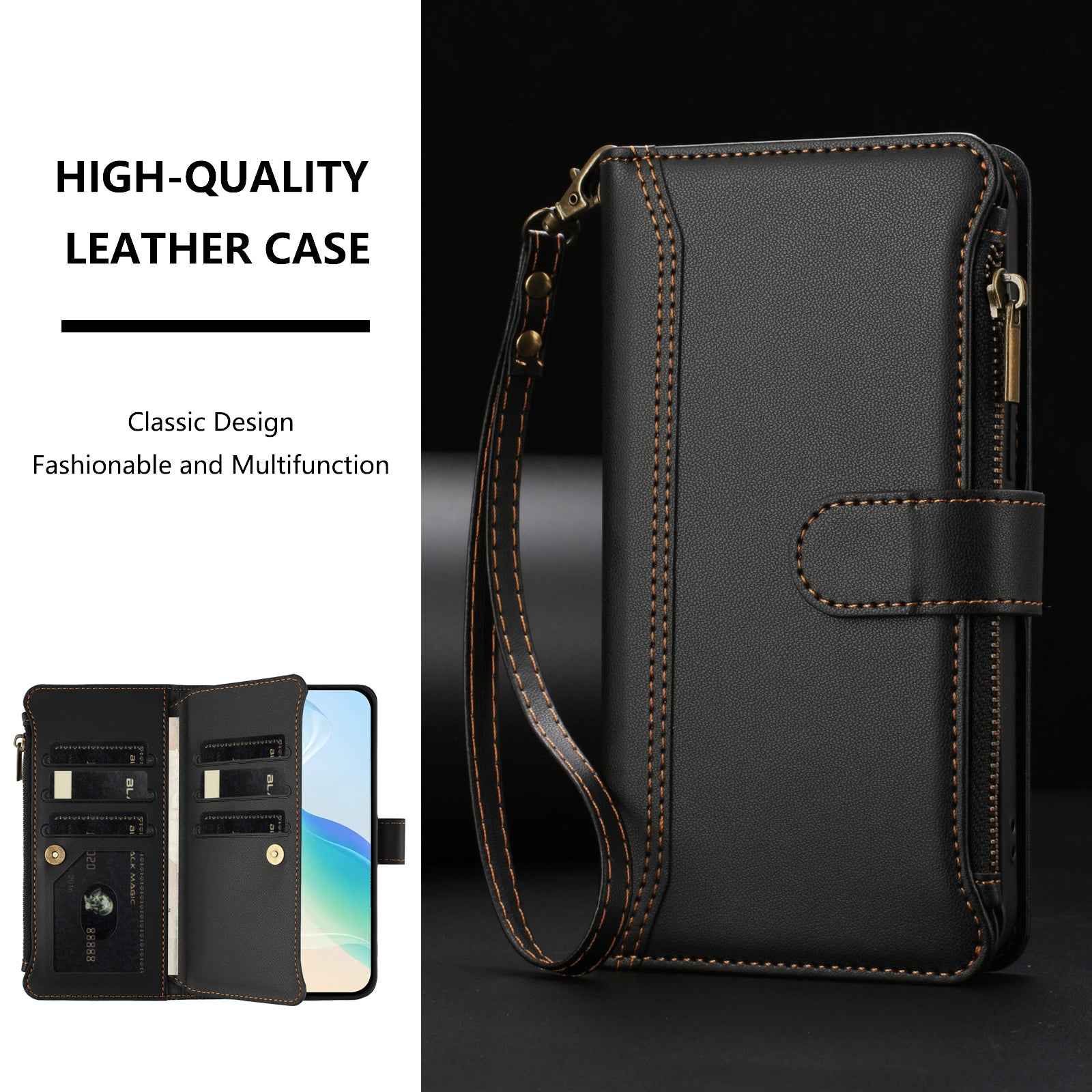 For Xiaomi 17 Pro Leather Case 9 Card Slots Zipper Wallet Stand Phone Cover with Wrist Strap - Black
