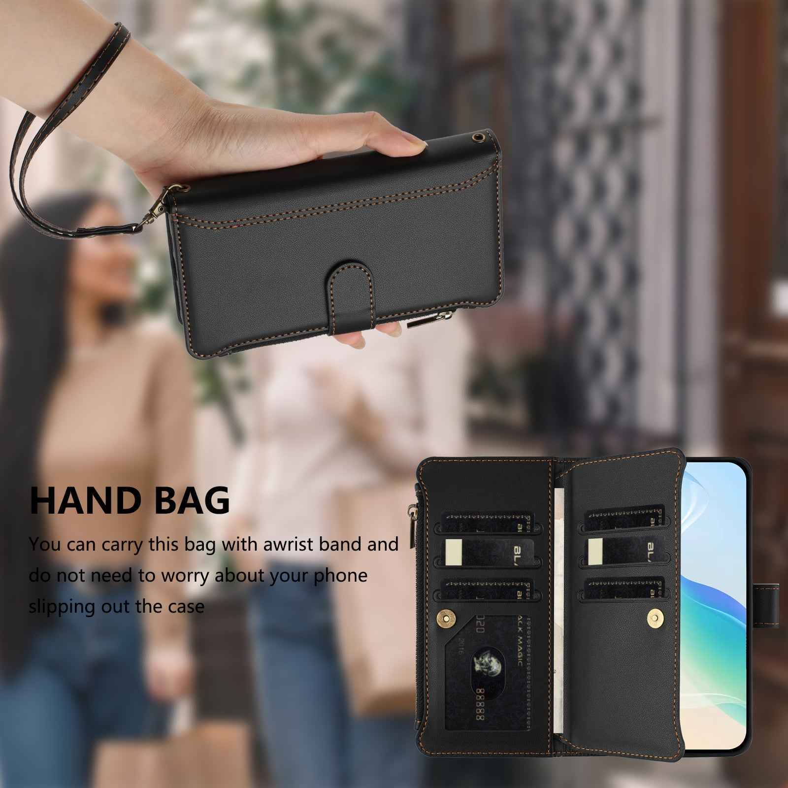 For Xiaomi 17 Pro Leather Case 9 Card Slots Zipper Wallet Stand Phone Cover with Wrist Strap - Black