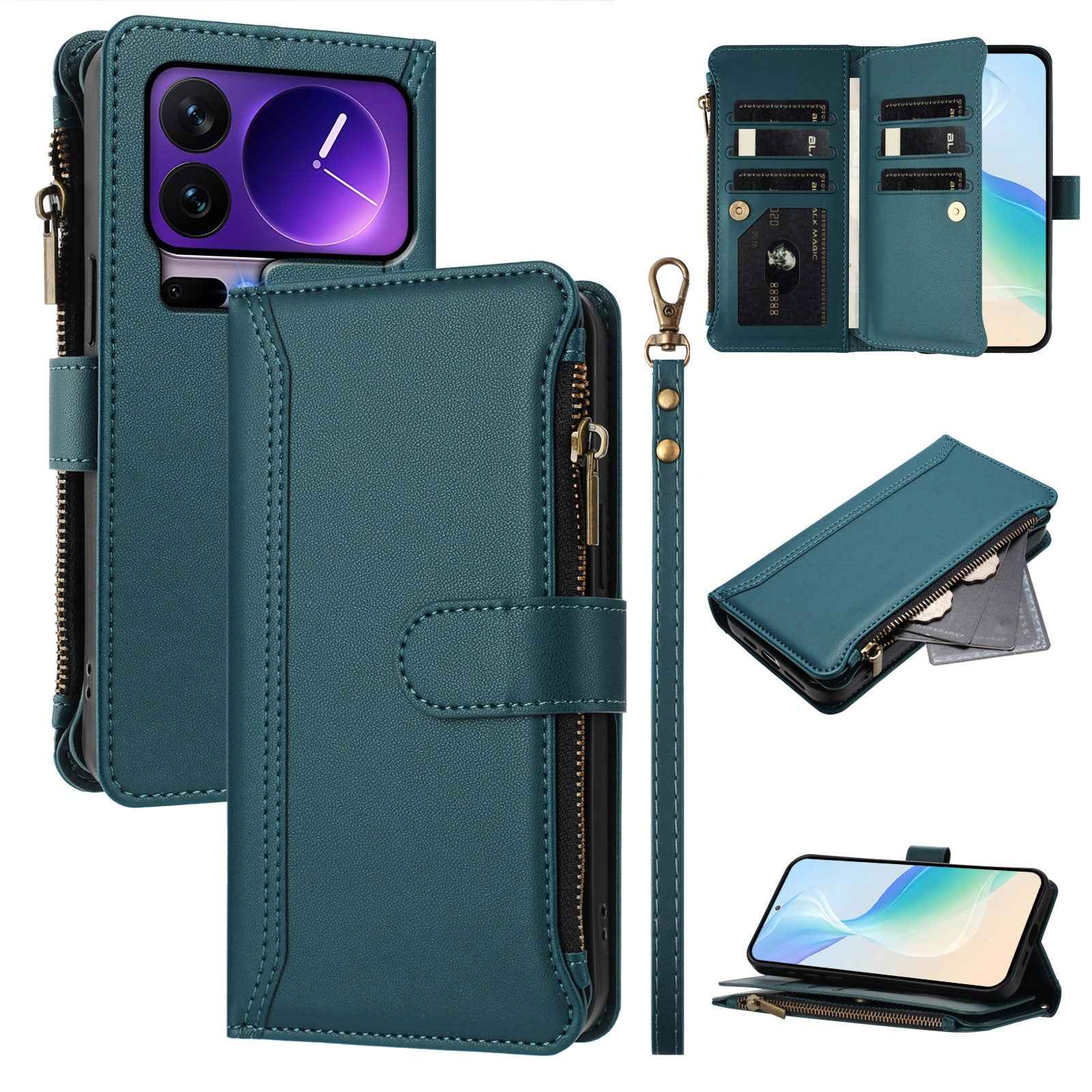 For Xiaomi 17 Pro Leather Case 9 Card Slots Zipper Wallet Stand Phone Cover with Wrist Strap - Dark Green