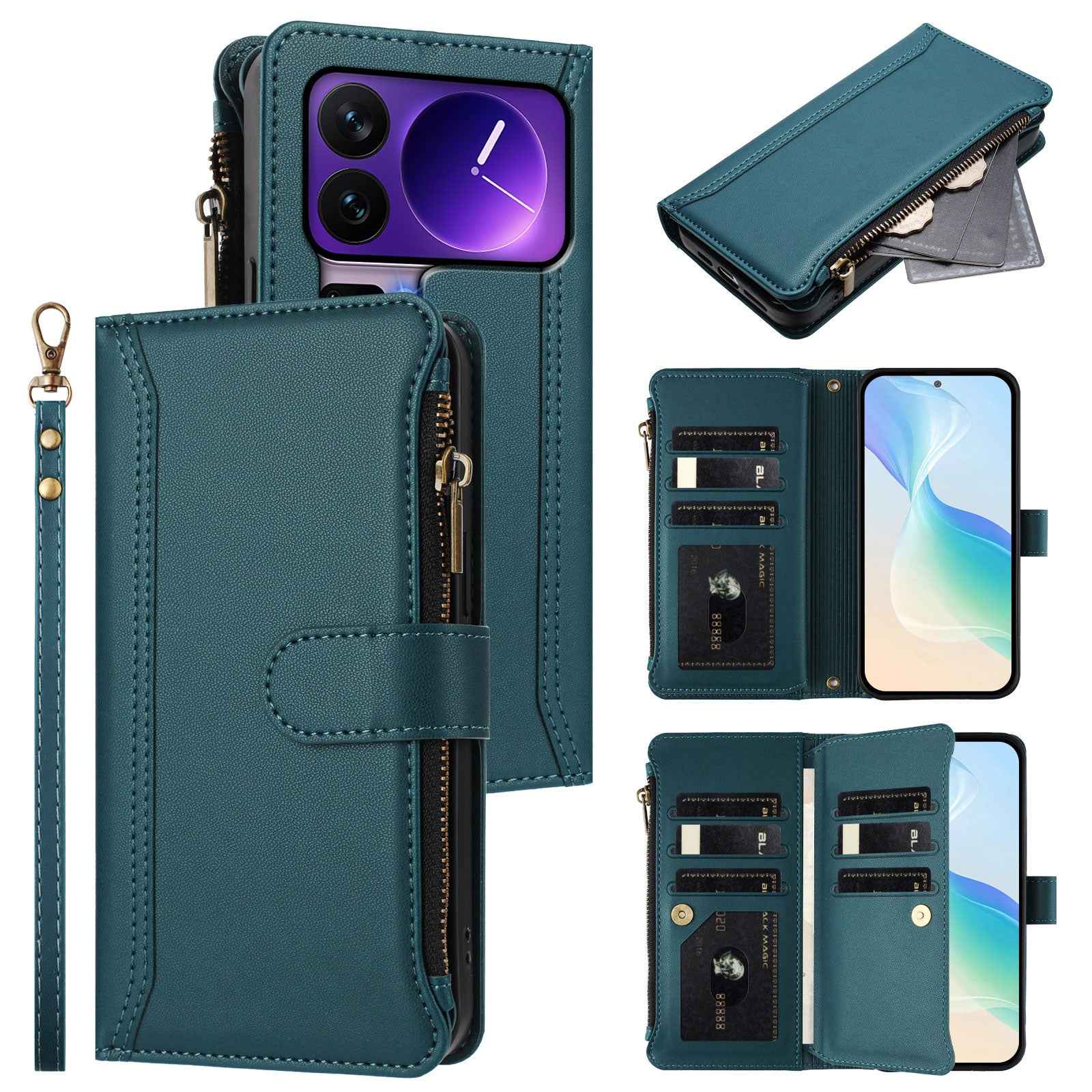 For Xiaomi 17 Pro Leather Case 9 Card Slots Zipper Wallet Stand Phone Cover with Wrist Strap - Dark Green