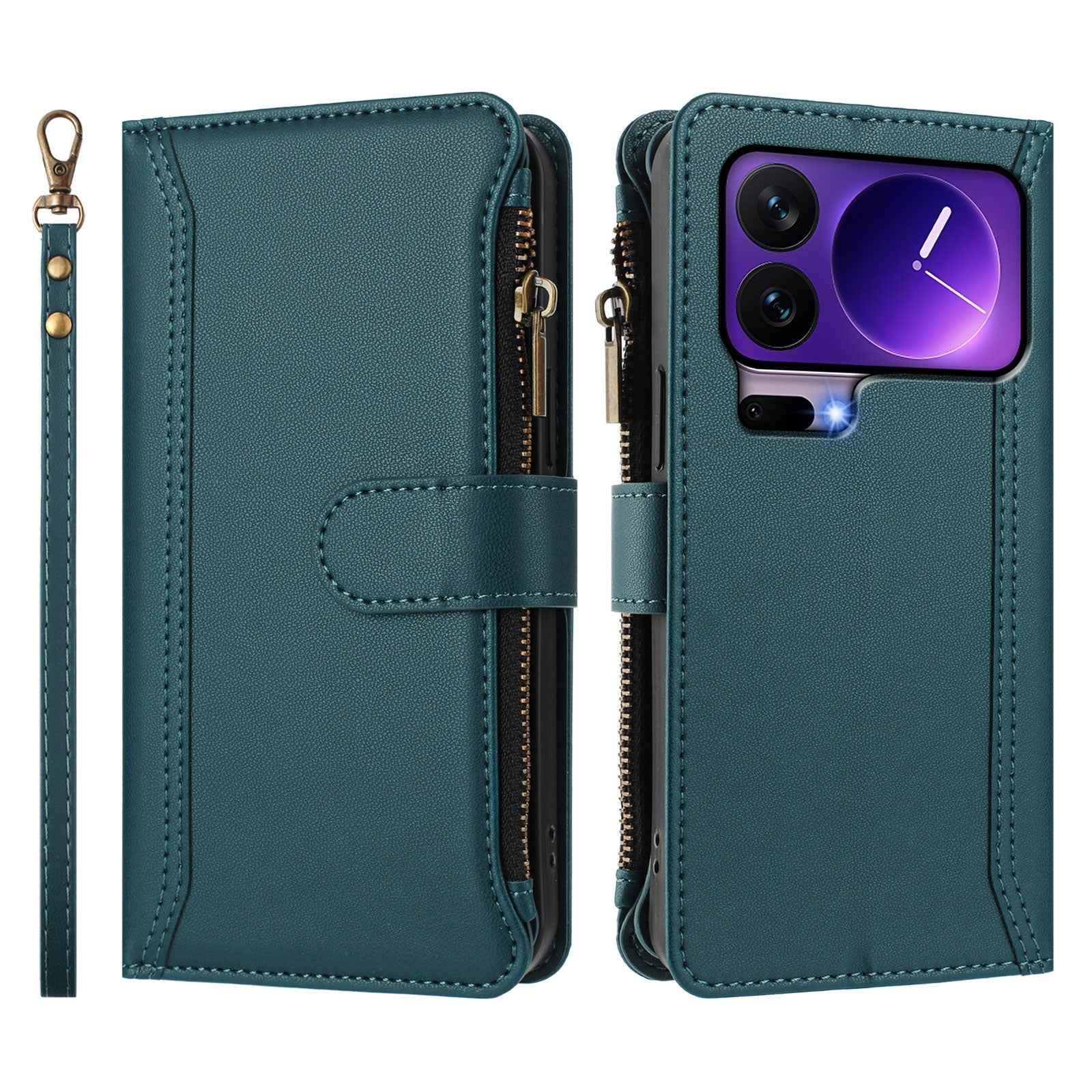 For Xiaomi 17 Pro Leather Case 9 Card Slots Zipper Wallet Stand Phone Cover with Wrist Strap - Dark Green