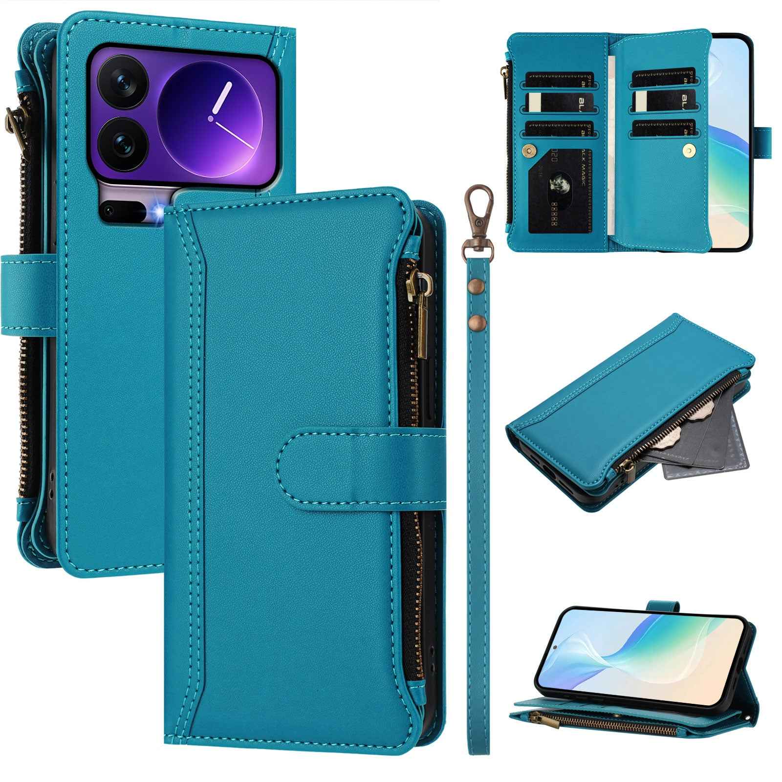 For Xiaomi 17 Pro Leather Case 9 Card Slots Zipper Wallet Stand Phone Cover with Wrist Strap - Lake Blue