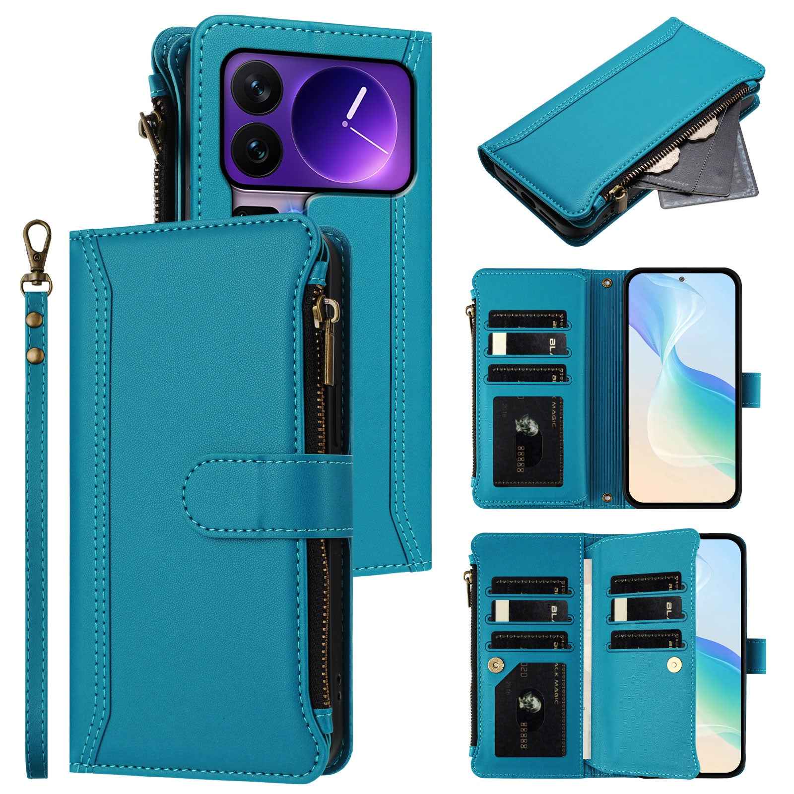For Xiaomi 17 Pro Leather Case 9 Card Slots Zipper Wallet Stand Phone Cover with Wrist Strap - Lake Blue