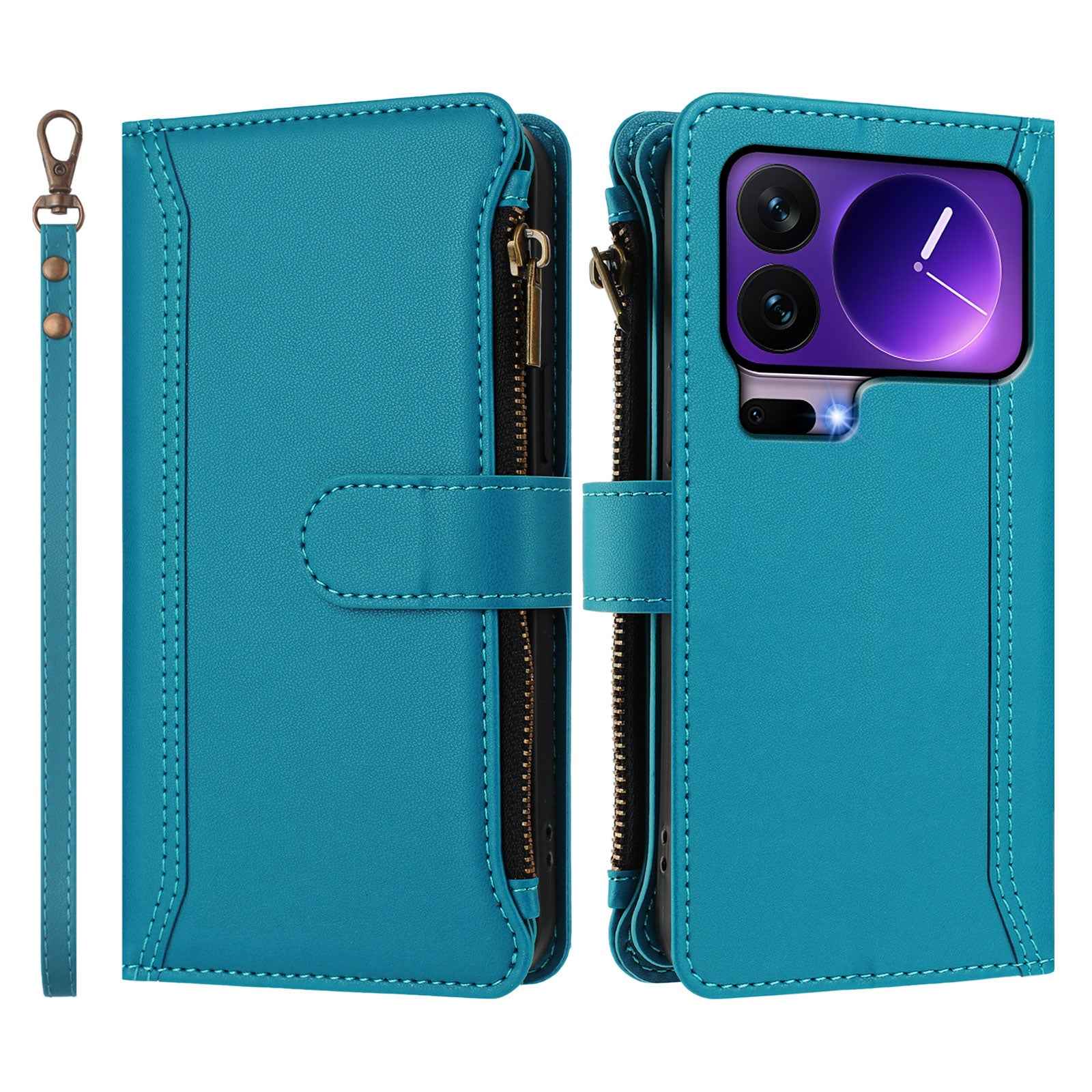 For Xiaomi 17 Pro Leather Case 9 Card Slots Zipper Wallet Stand Phone Cover with Wrist Strap - Lake Blue