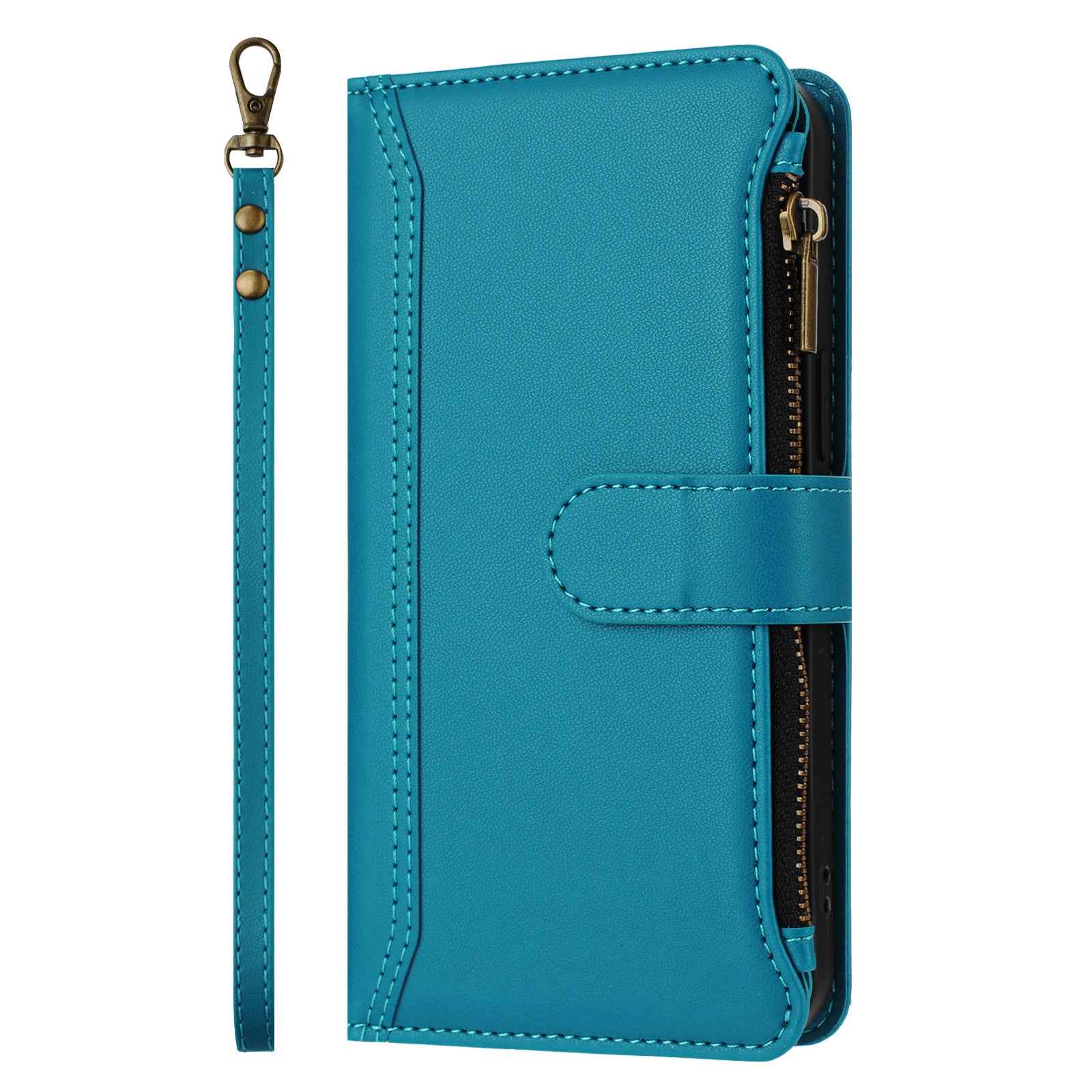 For Xiaomi 17 Pro Leather Case 9 Card Slots Zipper Wallet Stand Phone Cover with Wrist Strap - Lake Blue
