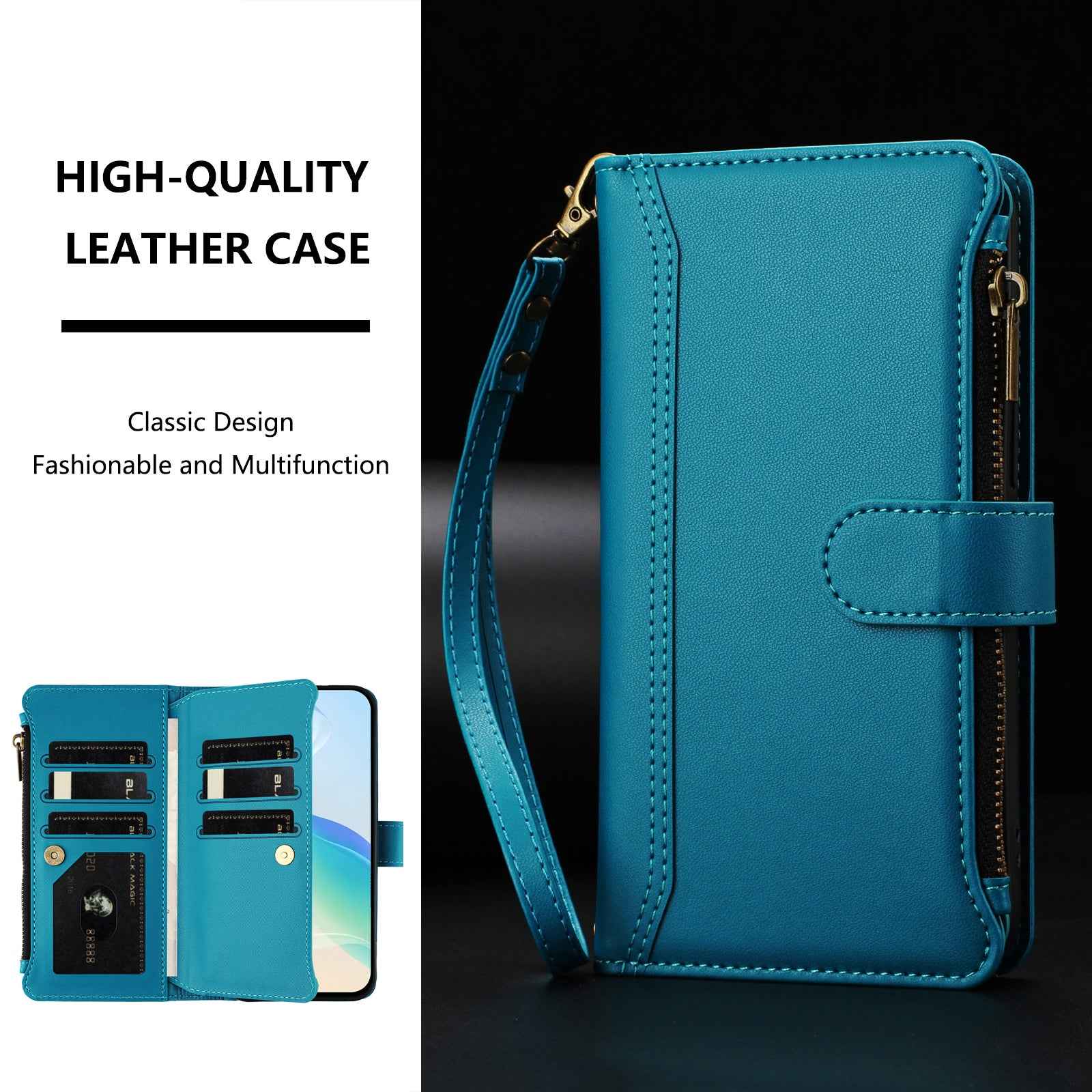 For Xiaomi 17 Pro Leather Case 9 Card Slots Zipper Wallet Stand Phone Cover with Wrist Strap - Lake Blue