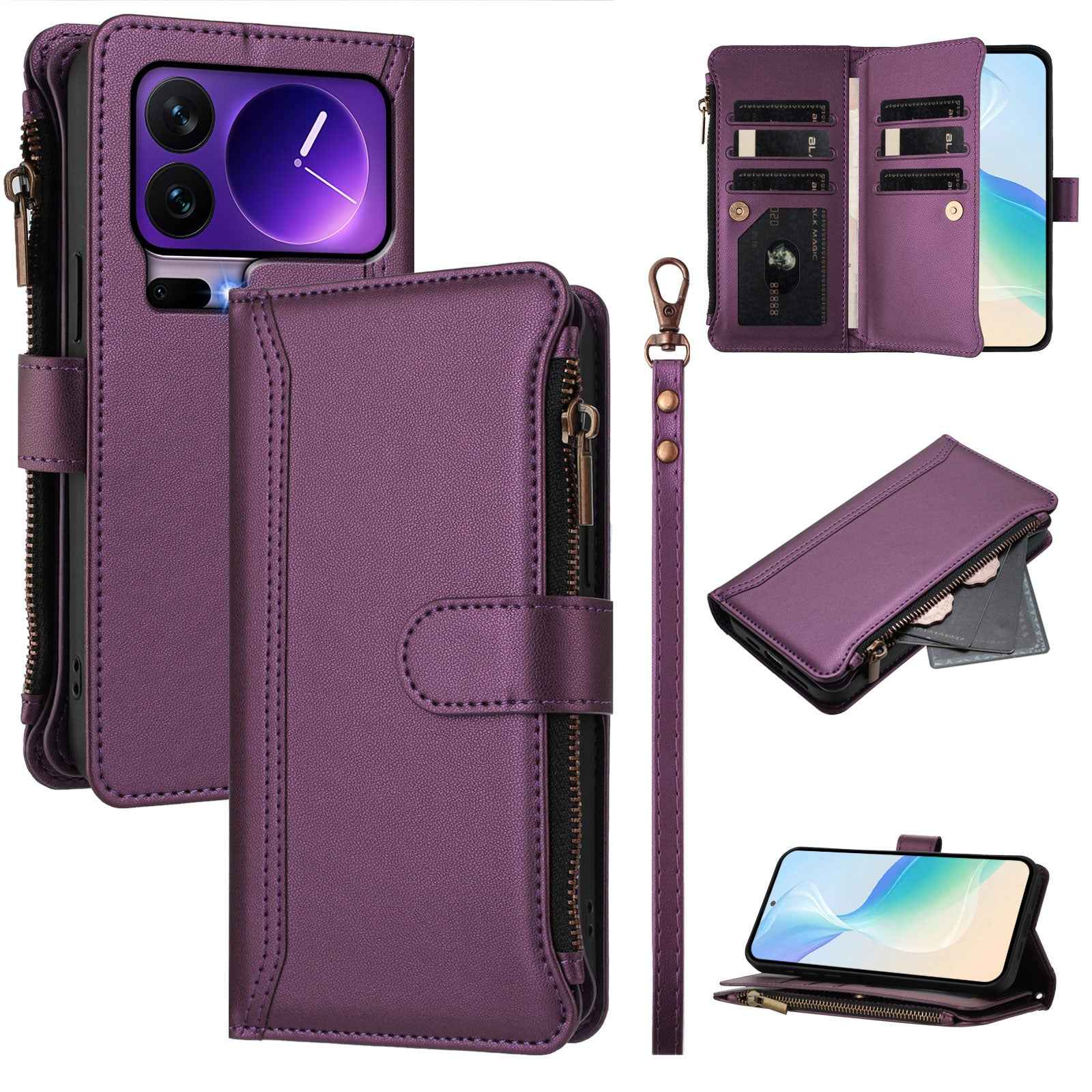 For Xiaomi 17 Pro Leather Case 9 Card Slots Zipper Wallet Stand Phone Cover with Wrist Strap - Purple