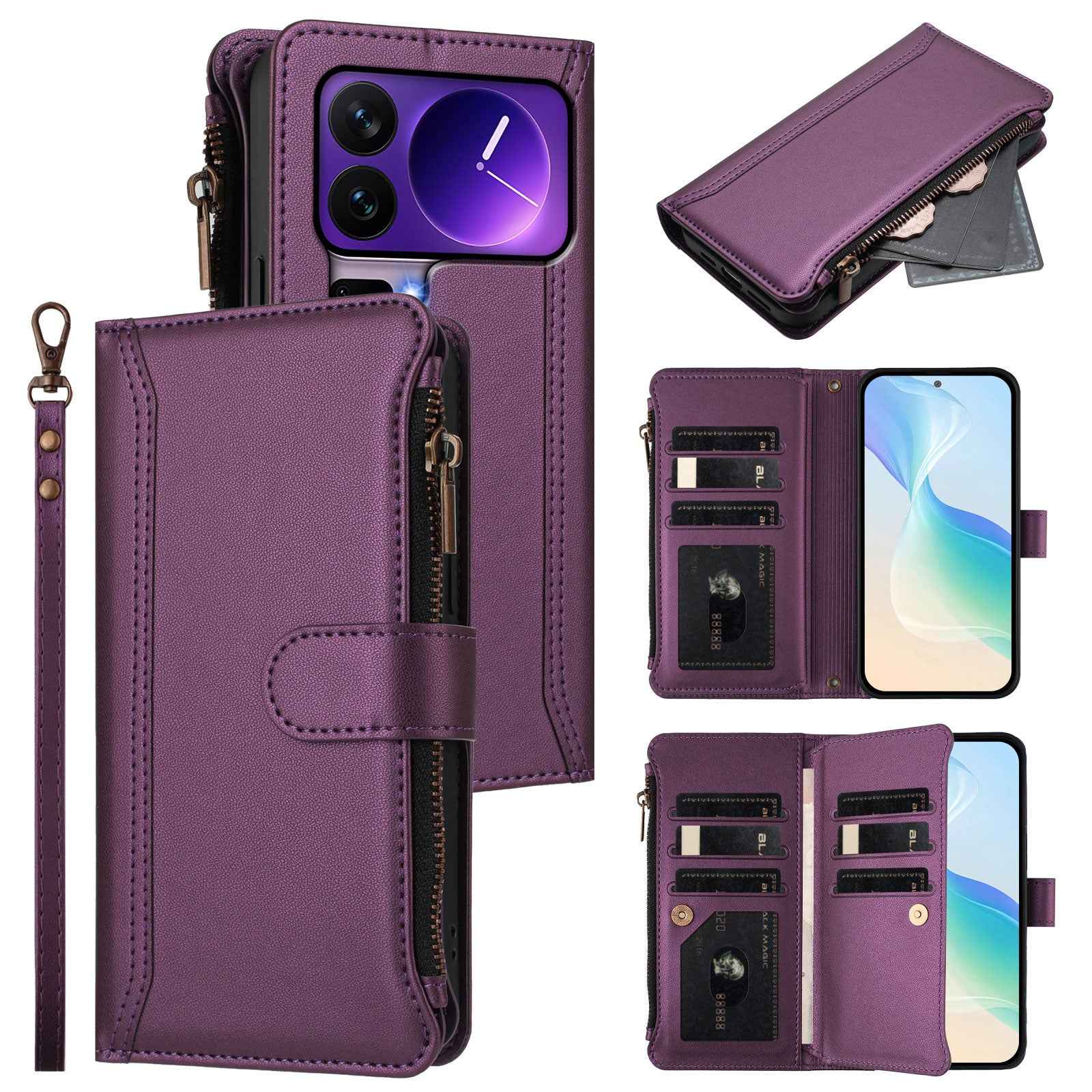 For Xiaomi 17 Pro Leather Case 9 Card Slots Zipper Wallet Stand Phone Cover with Wrist Strap - Purple