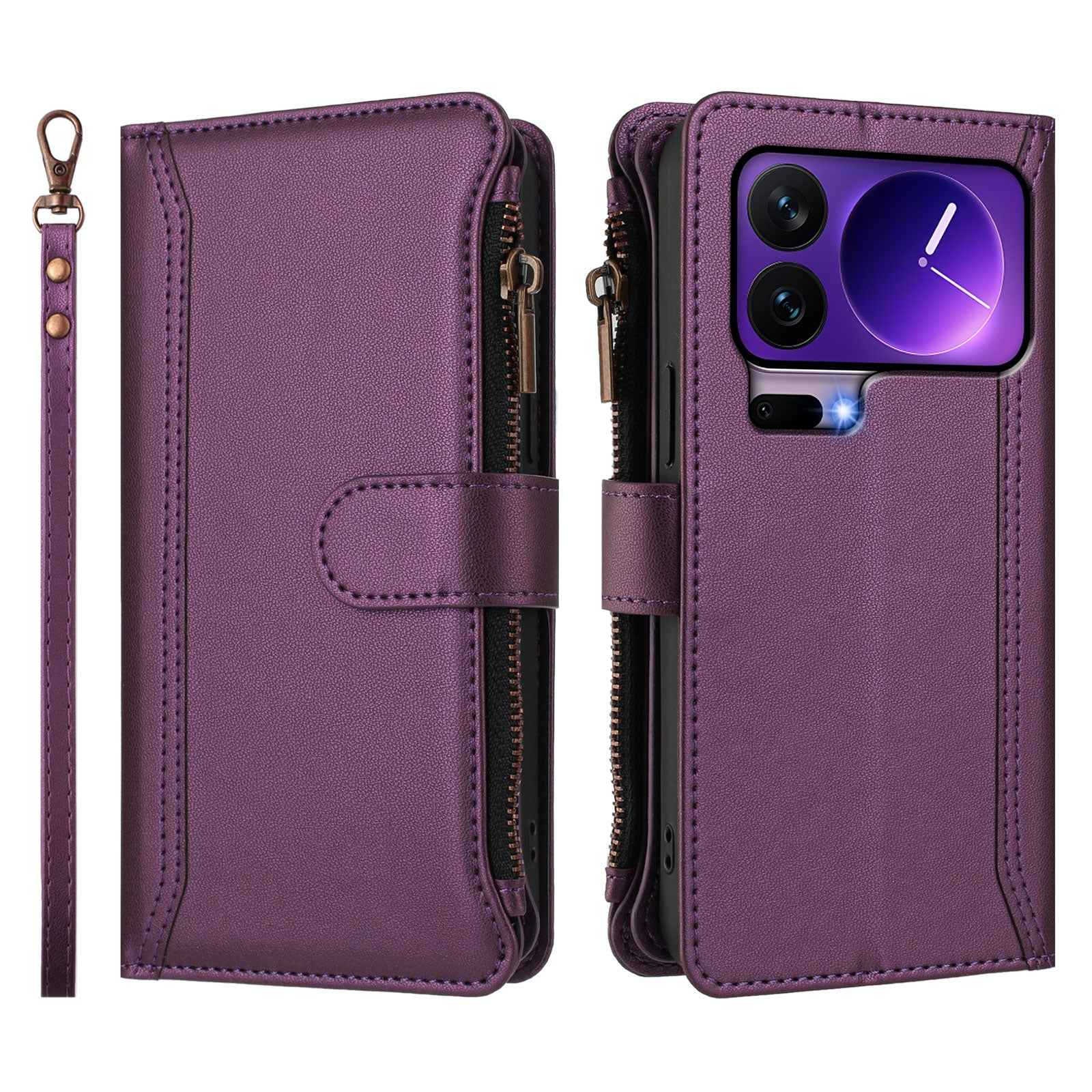 For Xiaomi 17 Pro Leather Case 9 Card Slots Zipper Wallet Stand Phone Cover with Wrist Strap - Purple