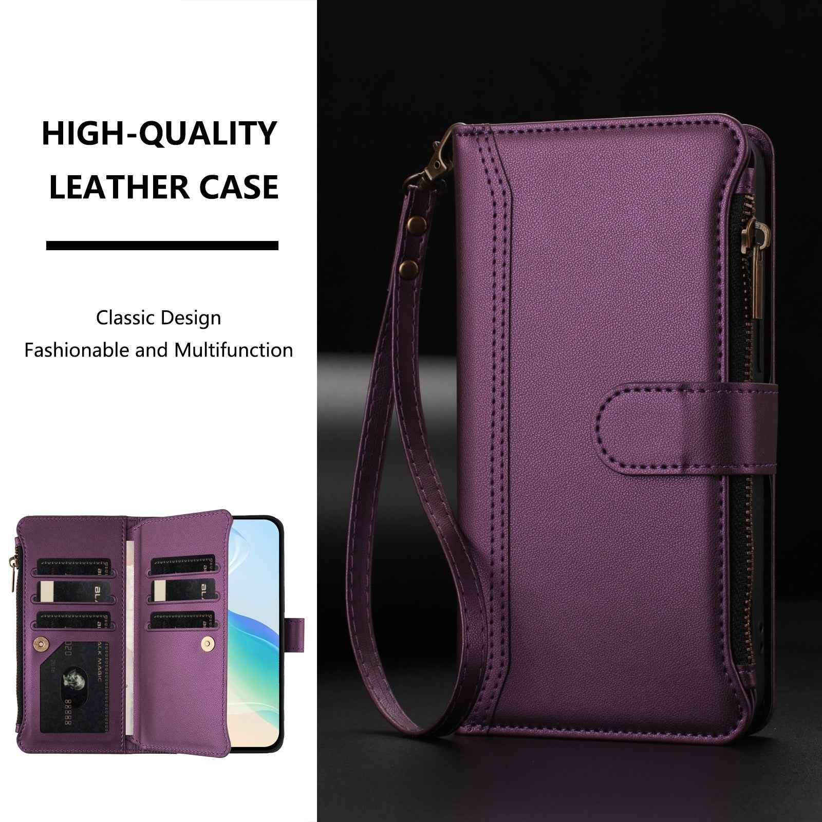 For Xiaomi 17 Pro Leather Case 9 Card Slots Zipper Wallet Stand Phone Cover with Wrist Strap - Purple
