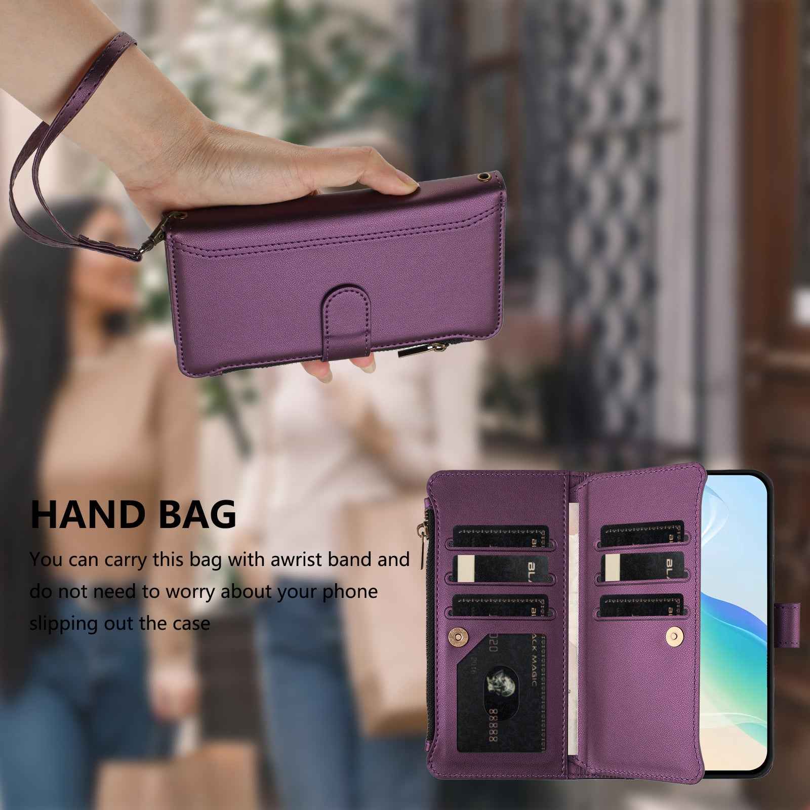 For Xiaomi 17 Pro Leather Case 9 Card Slots Zipper Wallet Stand Phone Cover with Wrist Strap - Purple