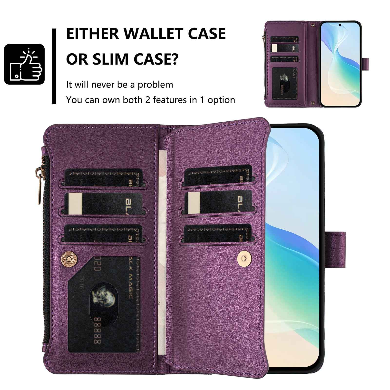 For Xiaomi 17 Pro Leather Case 9 Card Slots Zipper Wallet Stand Phone Cover with Wrist Strap - Purple
