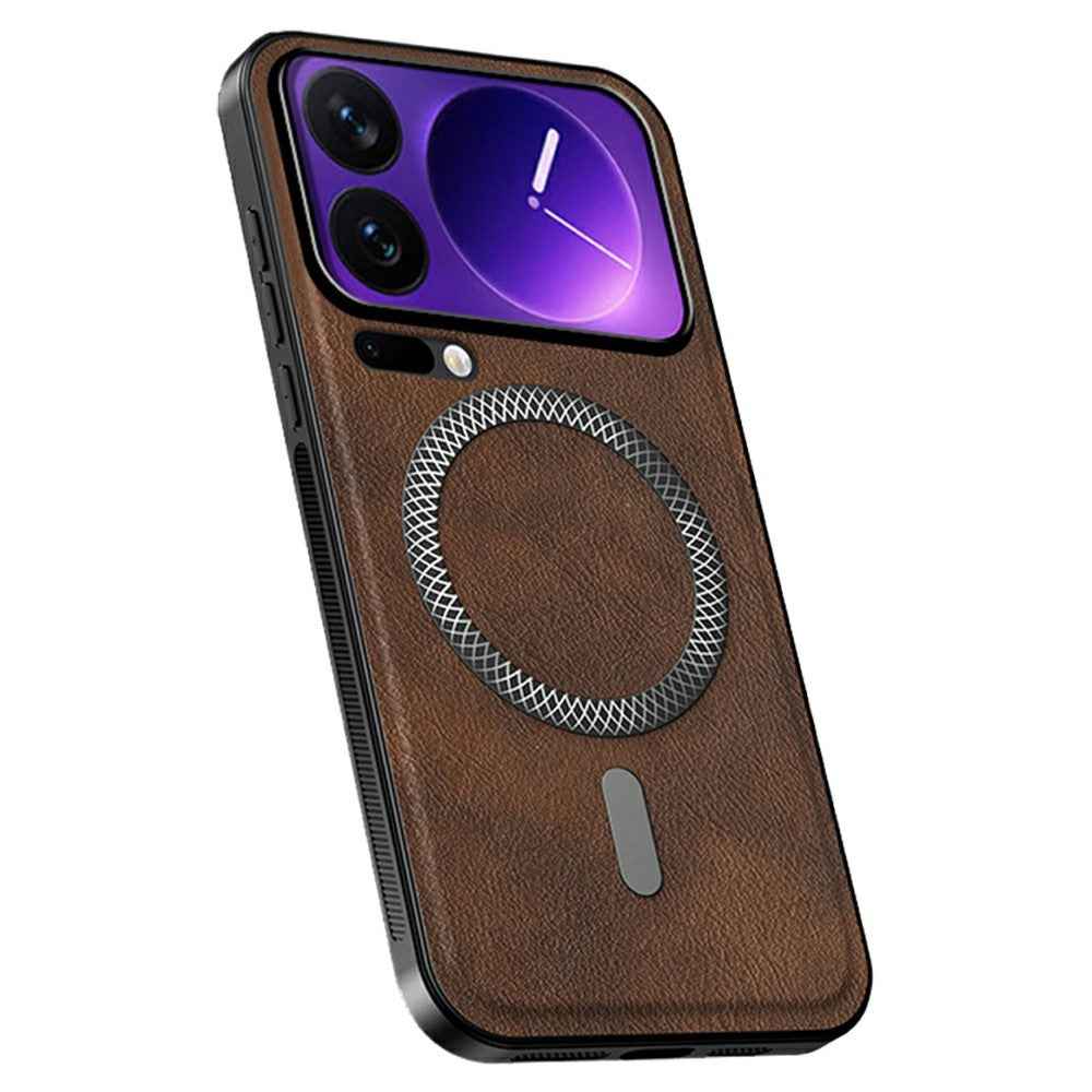 For Xiaomi 17 Pro Magnetic Case PU TPU PC Phone Back Cover with Metal Lens Frame - Brown