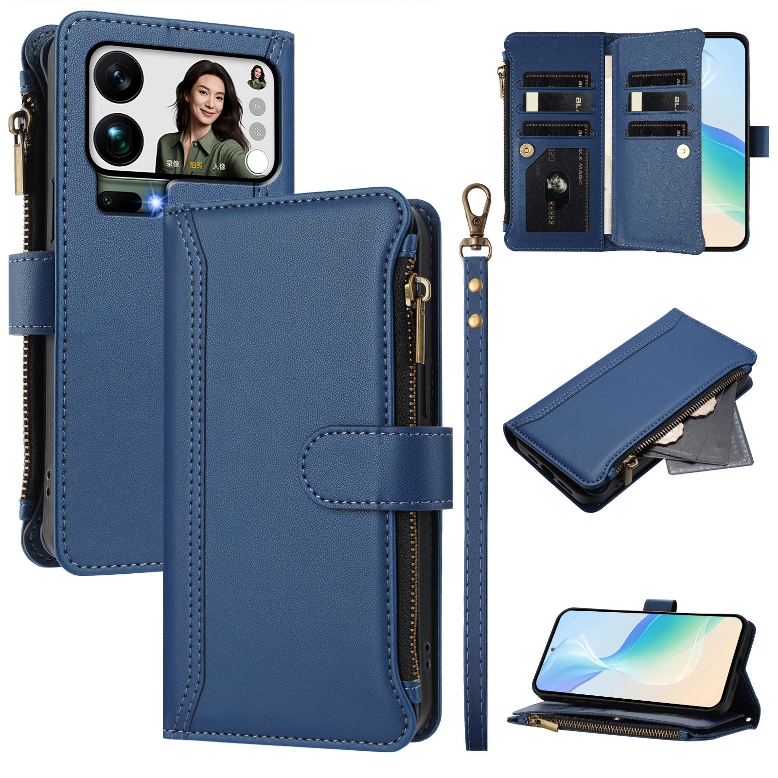 For Xiaomi 17 Pro Max Leather Case 9 Card Slots Zipper Wallet Stand Phone Cover with Wrist Strap - Dark Blue