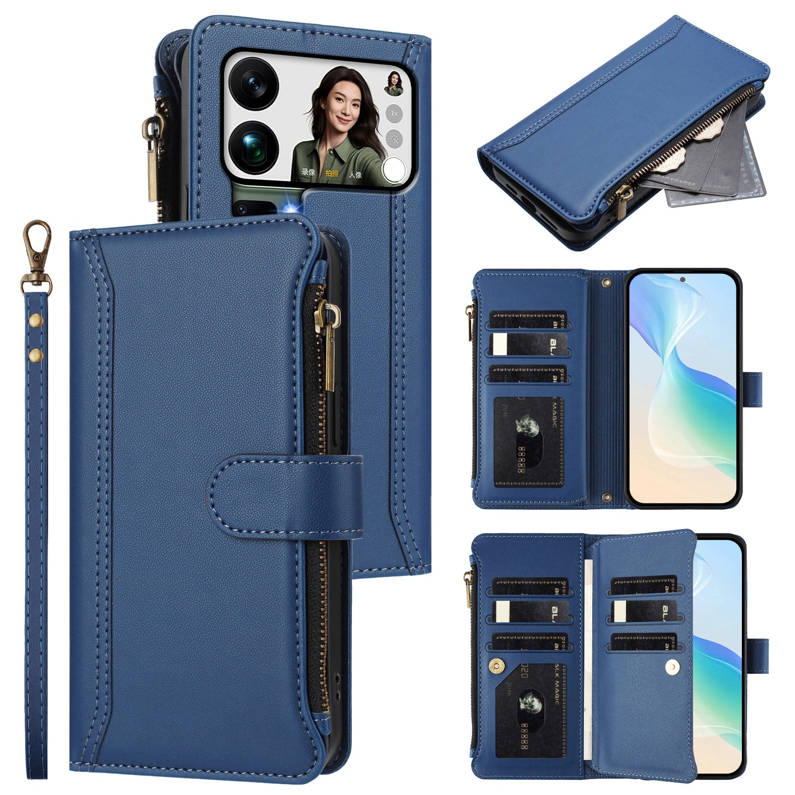 For Xiaomi 17 Pro Max Leather Case 9 Card Slots Zipper Wallet Stand Phone Cover with Wrist Strap - Dark Blue