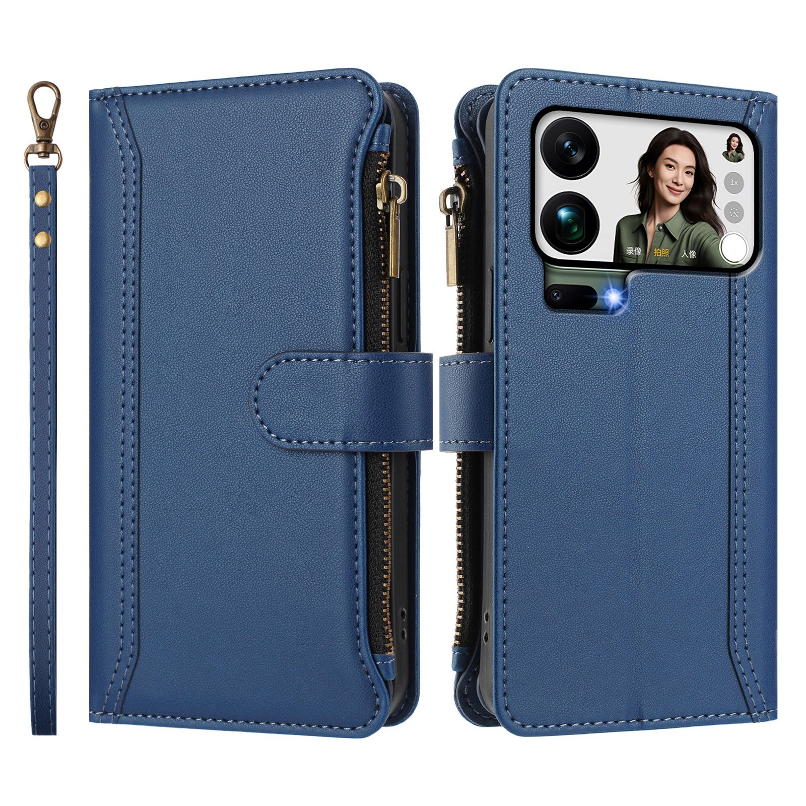 For Xiaomi 17 Pro Max Leather Case 9 Card Slots Zipper Wallet Stand Phone Cover with Wrist Strap - Dark Blue