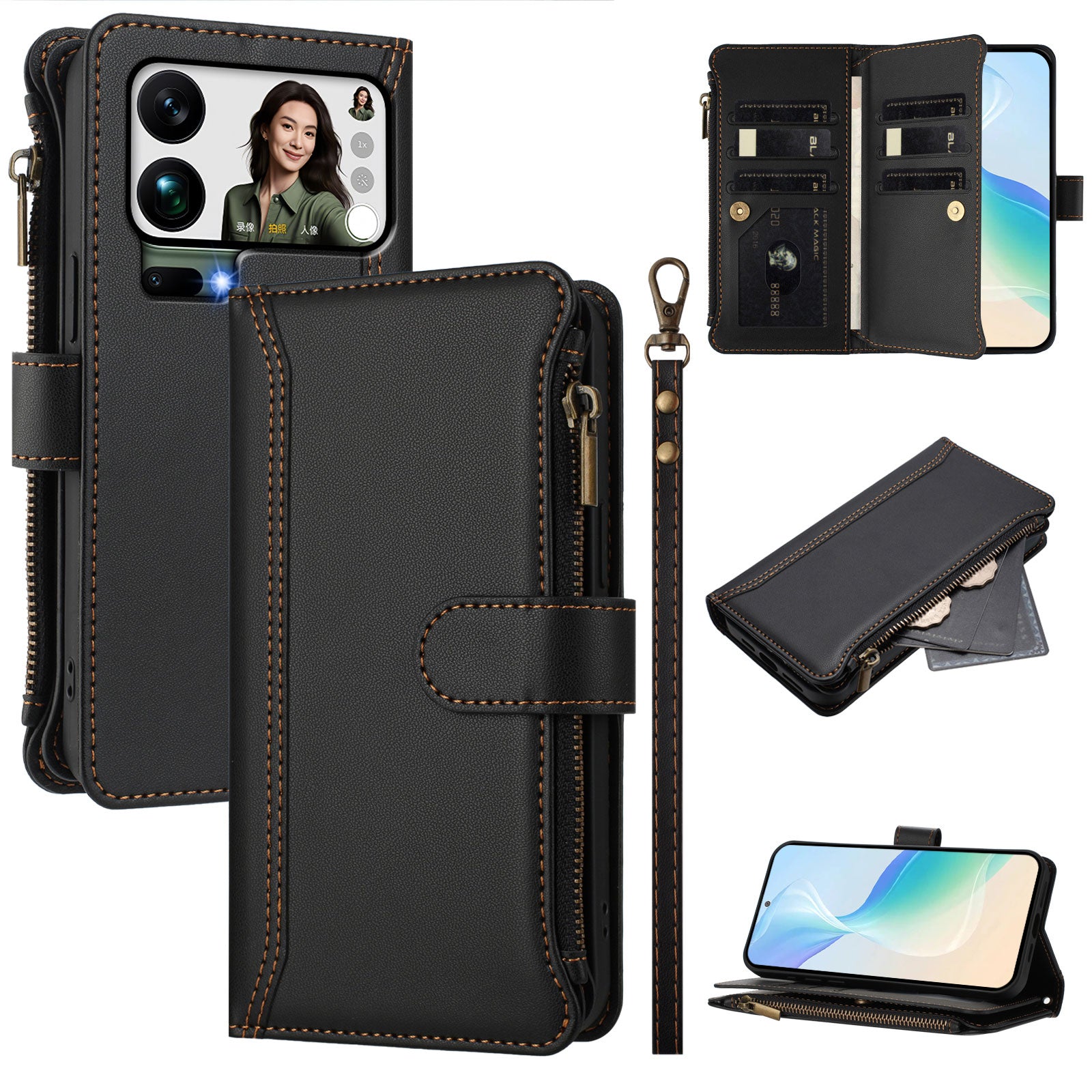 For Xiaomi 17 Pro Max Leather Case 9 Card Slots Zipper Wallet Stand Phone Cover with Wrist Strap - Black