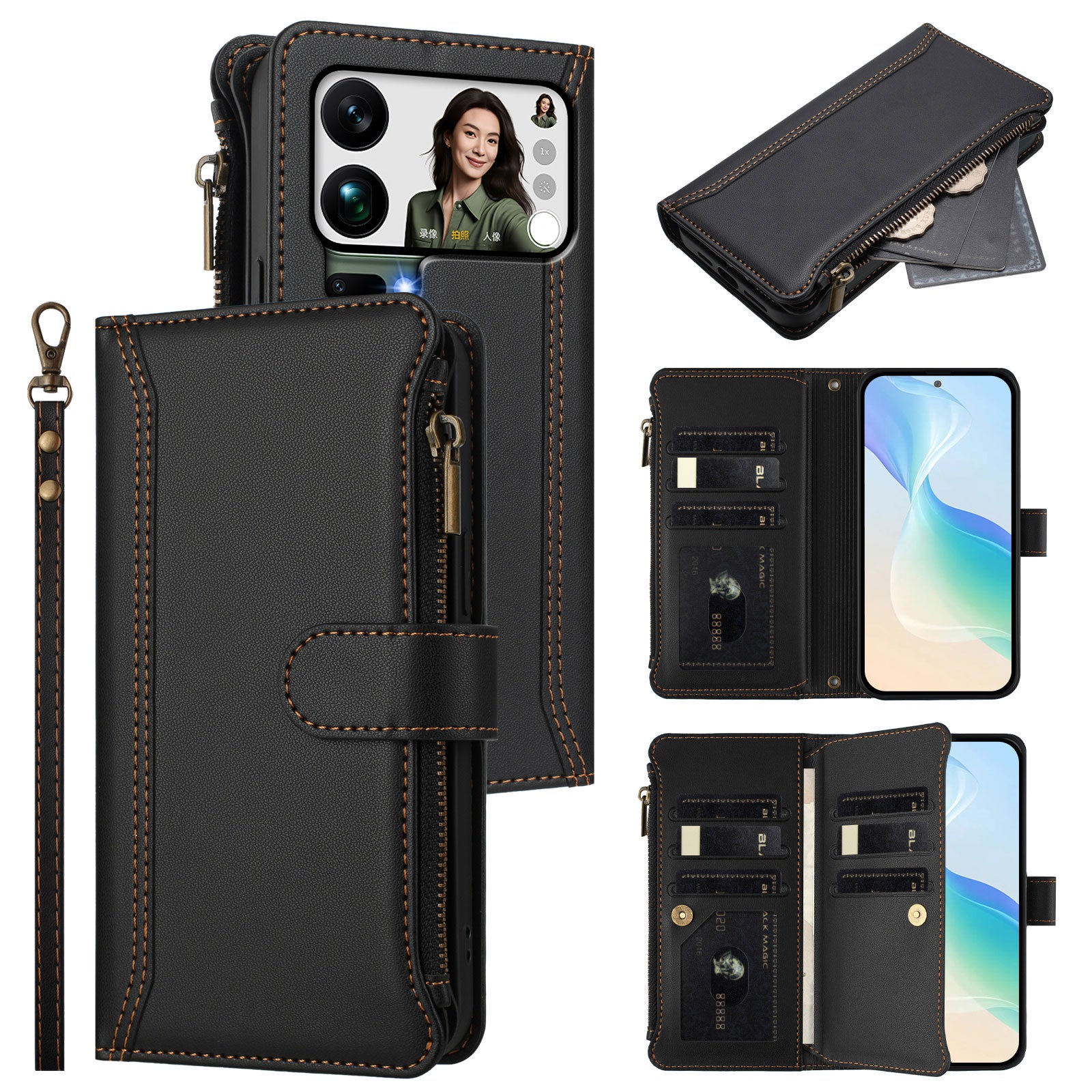 For Xiaomi 17 Pro Max Leather Case 9 Card Slots Zipper Wallet Stand Phone Cover with Wrist Strap - Black