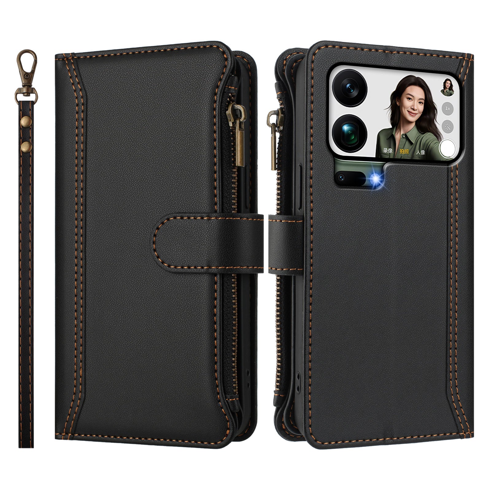 For Xiaomi 17 Pro Max Leather Case 9 Card Slots Zipper Wallet Stand Phone Cover with Wrist Strap - Black