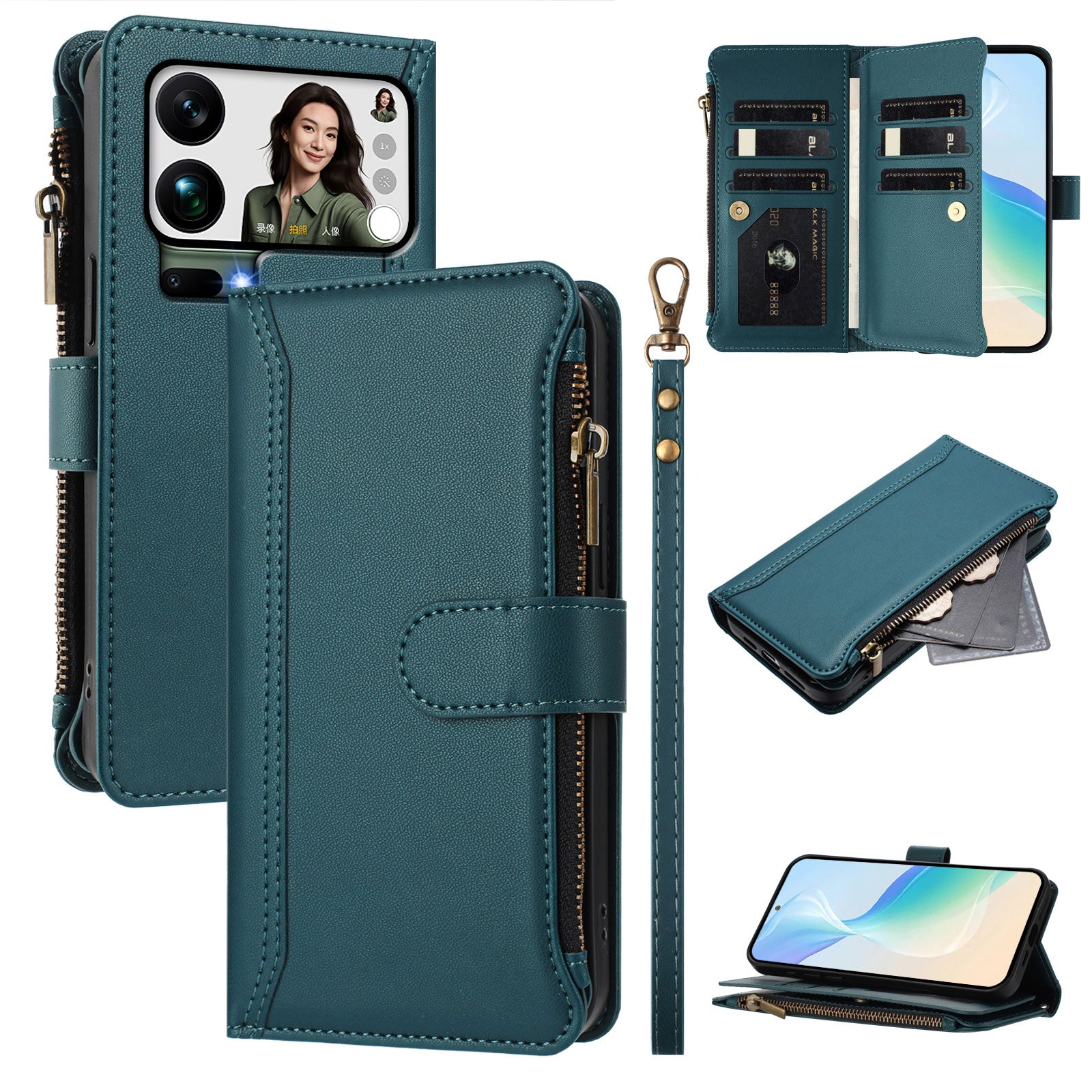 For Xiaomi 17 Pro Max Leather Case 9 Card Slots Zipper Wallet Stand Phone Cover with Wrist Strap - Dark Green