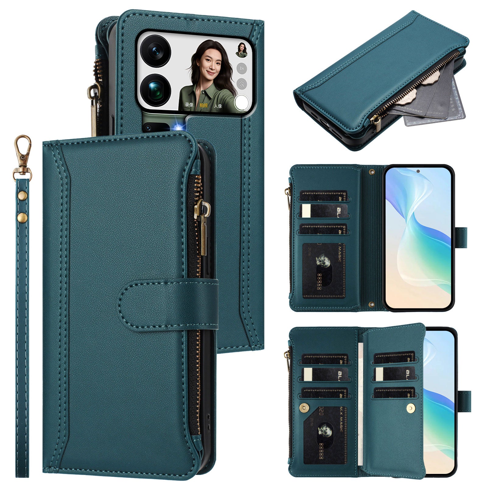 For Xiaomi 17 Pro Max Leather Case 9 Card Slots Zipper Wallet Stand Phone Cover with Wrist Strap - Dark Green
